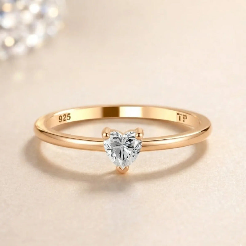 Anel Solitário Zircônia Coração Prata 925 Dourada  Ouro 18k