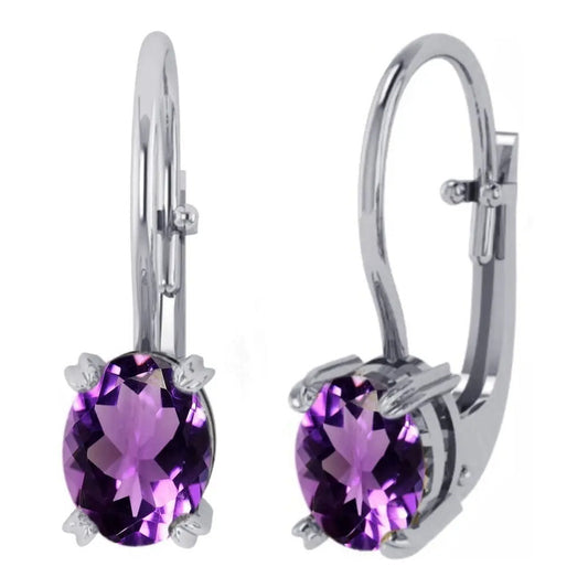 Brinco Trava Prata 925 Oval Ametista - Exclusivo Roxo
