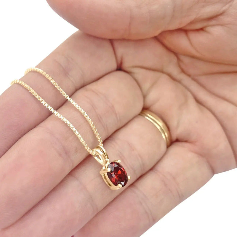 Colar Pingente Oval Prata 925 Dourada 18k - Granada Vermelho