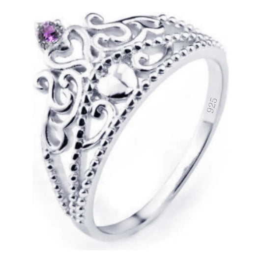 Anel Tiara Princesa Prata 925 Coração Roxo - Exclusivo