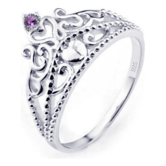 Anel Tiara Princesa Prata 925 Coração Ametista - Exclusivo