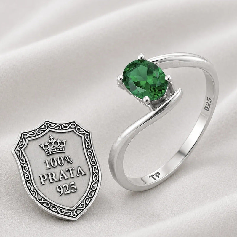Anel  De Prata 925 Solitário Miami Esmeralda - Feminino