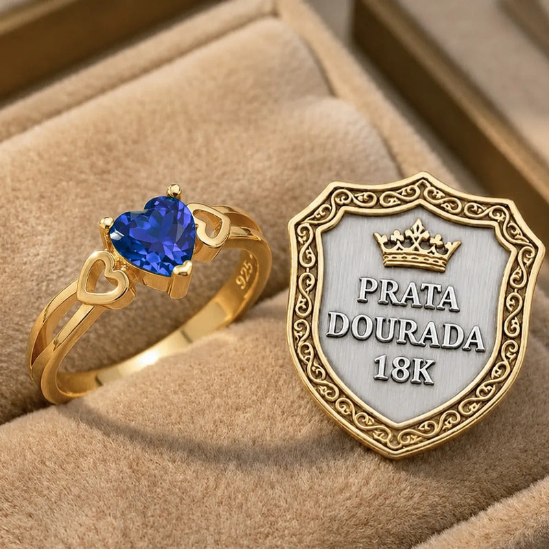 Anel Eterno Coração Pura Prata 925 Dourada Ouro 18k Safira