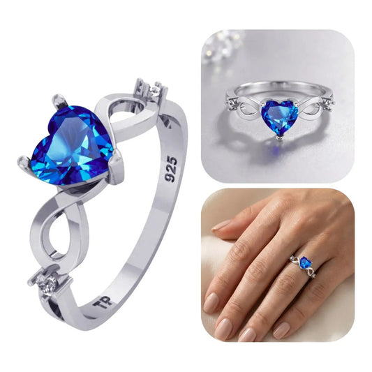 Anel Prata 925 Infinito Amor Coração - Safira Azul