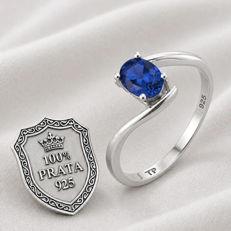 Anel De Prata 925 Solitário  Miami Safira - Feminino