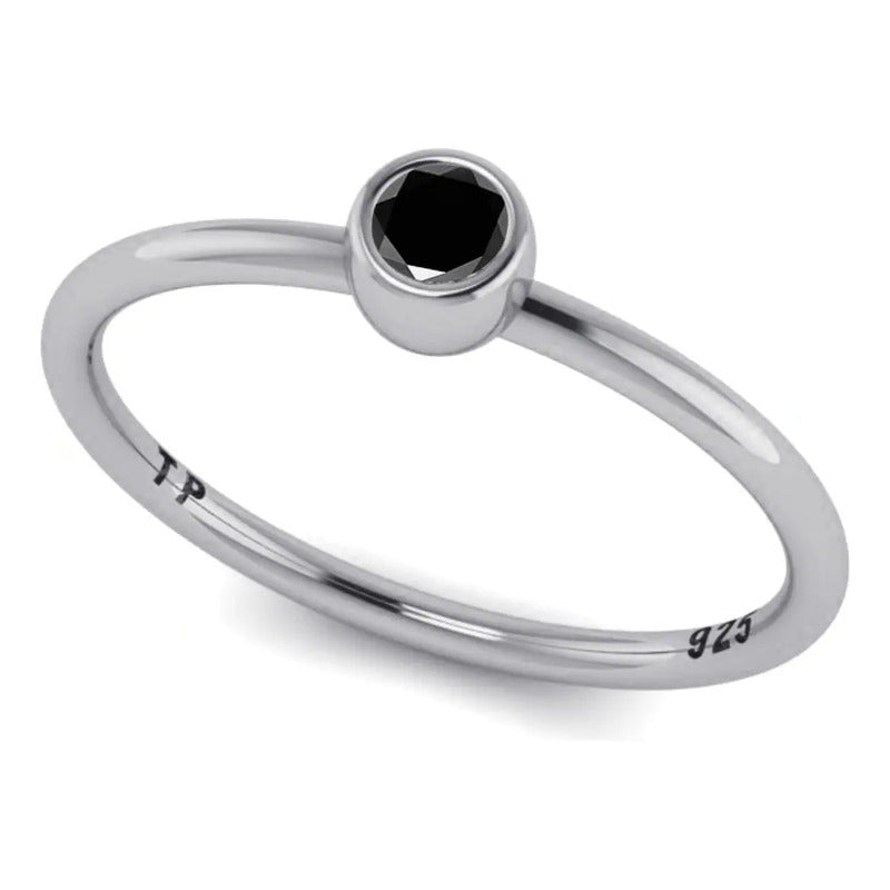 Anel Prata 925 Solitário Black Onix Redonda - Exclusivo Tamanho 26 Prateado