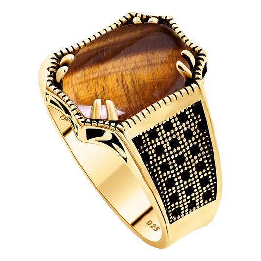 Anel Cabochão Prata 925 Dourada Ouro 18k - Olho De Tigre