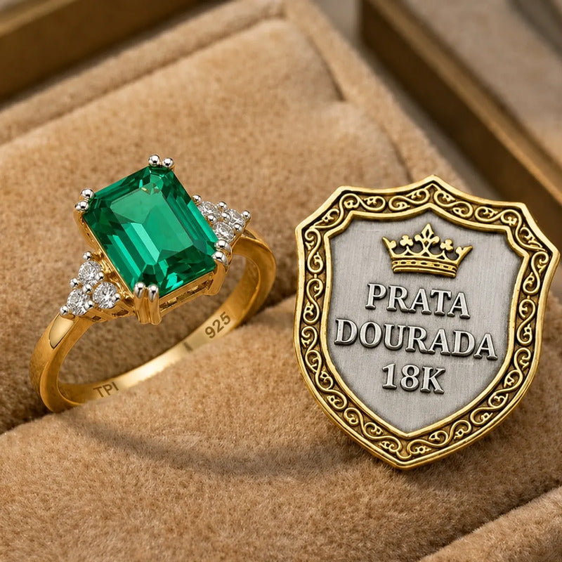 Anel Vintage Clássico Prata 925 Dourada Ouro 18k Esmeralda