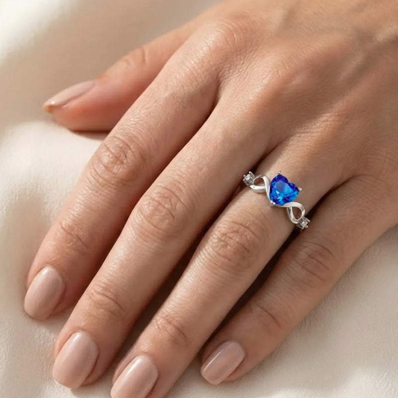 Anel Prata 925 Infinito Amor Coração - Safira Azul