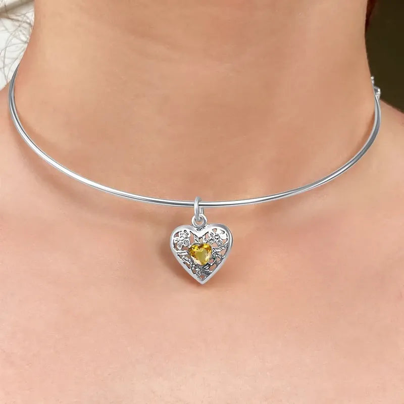 Colar Choker Filigrana Coração Prata 925 Citrino- Exclusivo