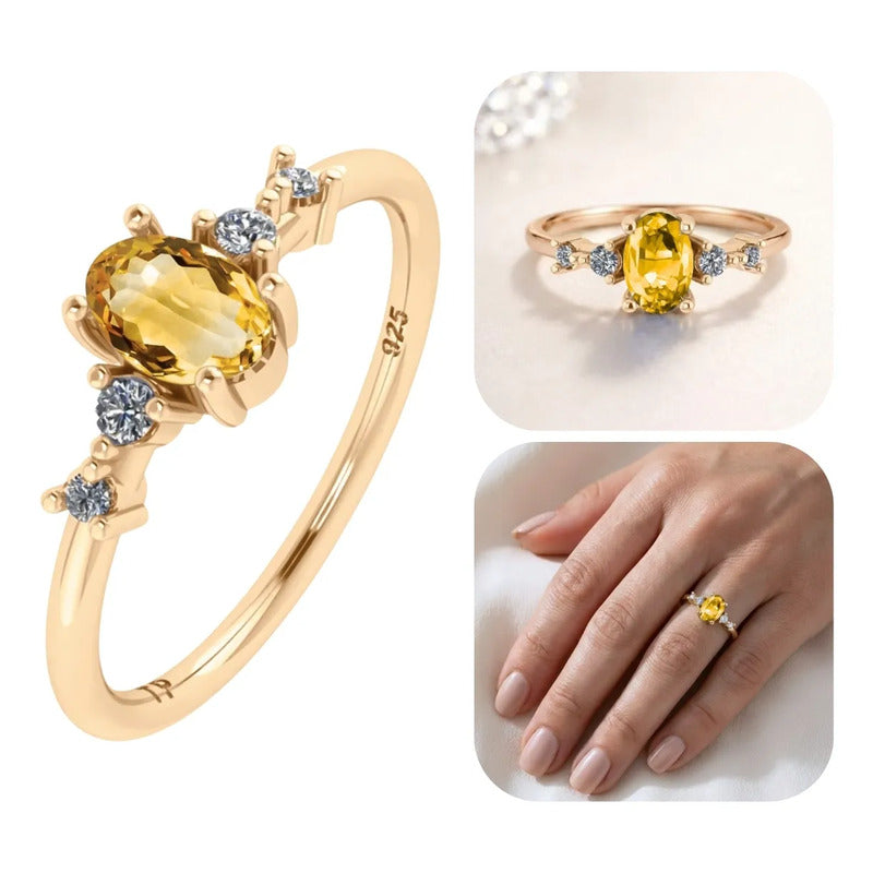 Anel London De Prata 925 Dourada Ouro 18k - Citrino
