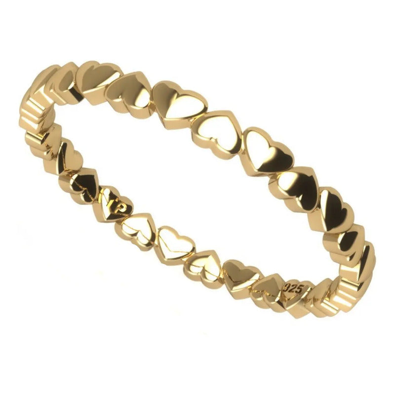 Anel Corações Sólido Prata 925 Dourada 18k - Feminino