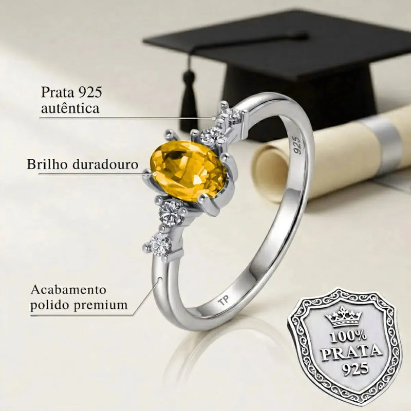 Anel Formatura Feminino Prata 925 + Caixinha Capelo Citrino 26