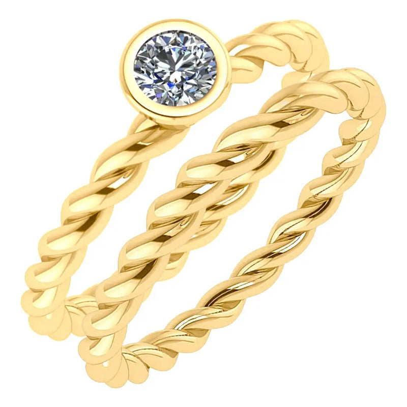 Anel Duplo Prata 925 Dourada 18k Torcido - Zirconia