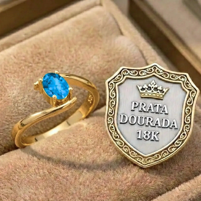 Anel Miami Prata 925 Dourada Ouro 18k - Topázio Azul