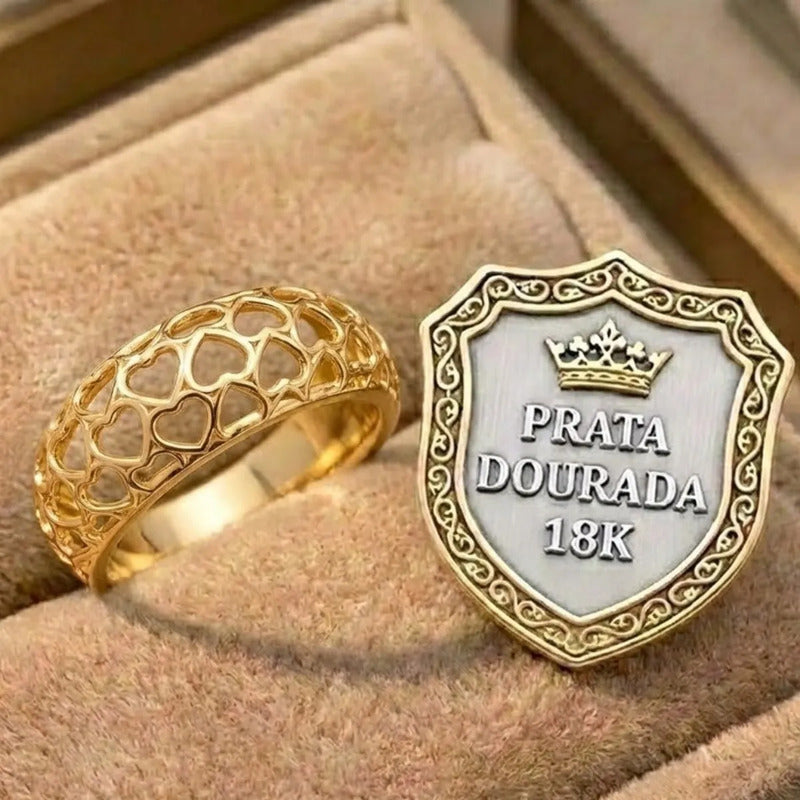 Anel Bombe Corações Vazados Pura Prata 925 Dourada Ouro 18k