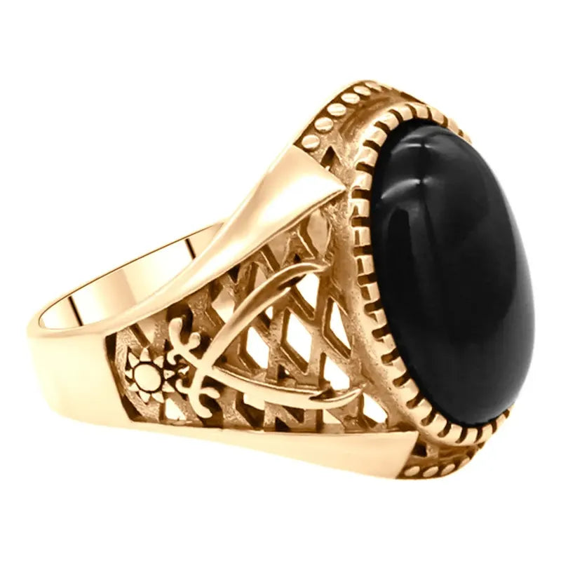 Anel Masculino Oval Prata 925 Dourada  Ouro 18k - Black Ônix