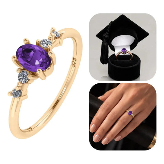 Anel Formatura Feminino Prata 925 Dourada 18k + Capelo Ametista 26-27