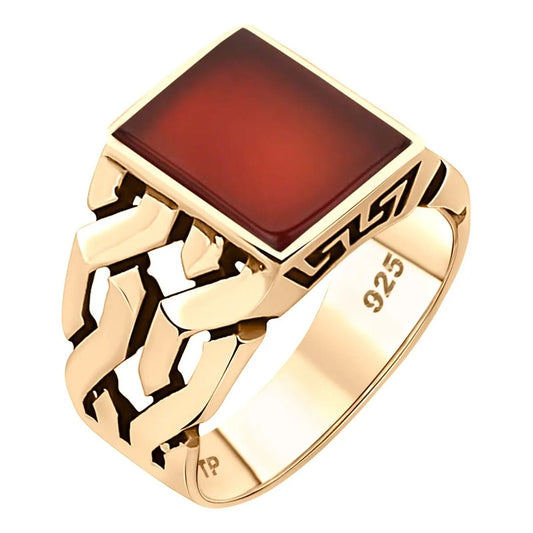 Anel Masculino De Prata 925 Dourada Com Ágata Vermelha Natural Vermelho 36