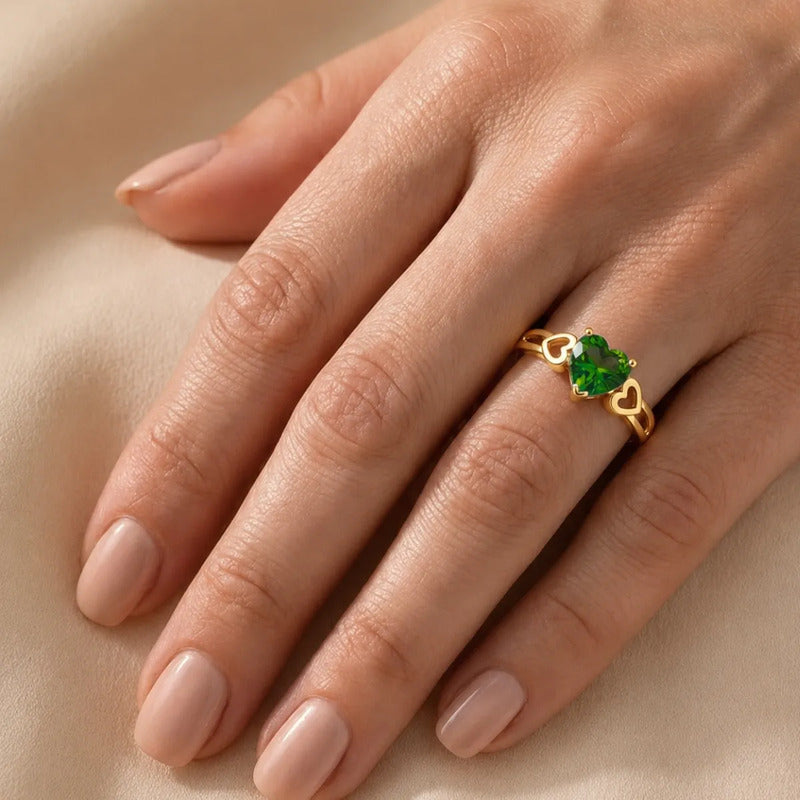 Anel Eterno Coração Prata 925 Dourada Ouro18k Esmeralda