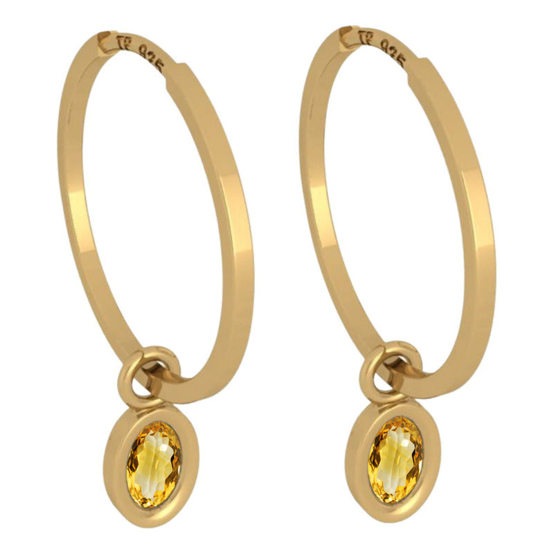 Brinco Argola Prata 925 Dourada 18k Pingente Oval - Citrino