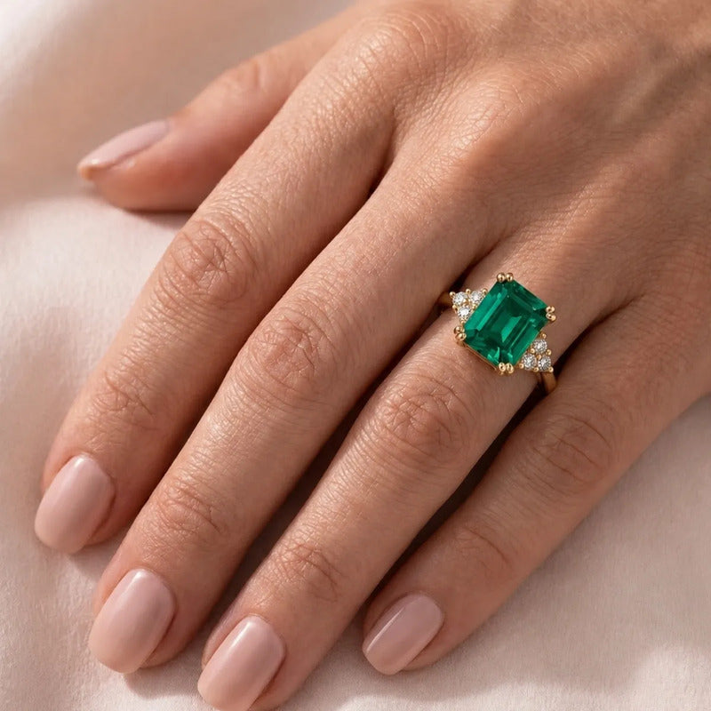 Anel Vintage Clássico Prata 925 Dourada Ouro 18k Esmeralda