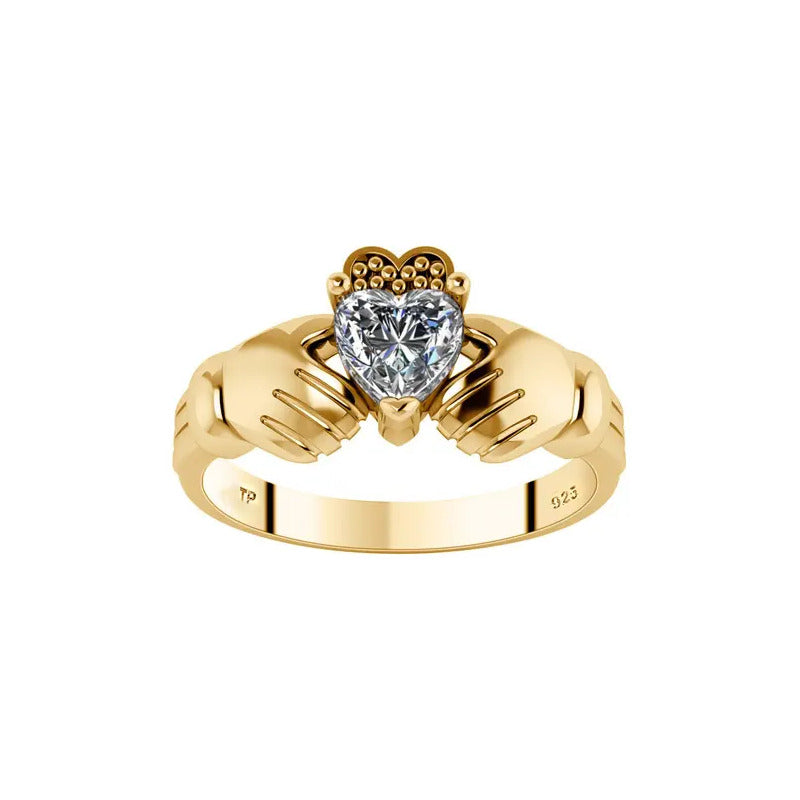 Anel Claddagh Irlandes Prata 925 Dourada 18k - Zircônia