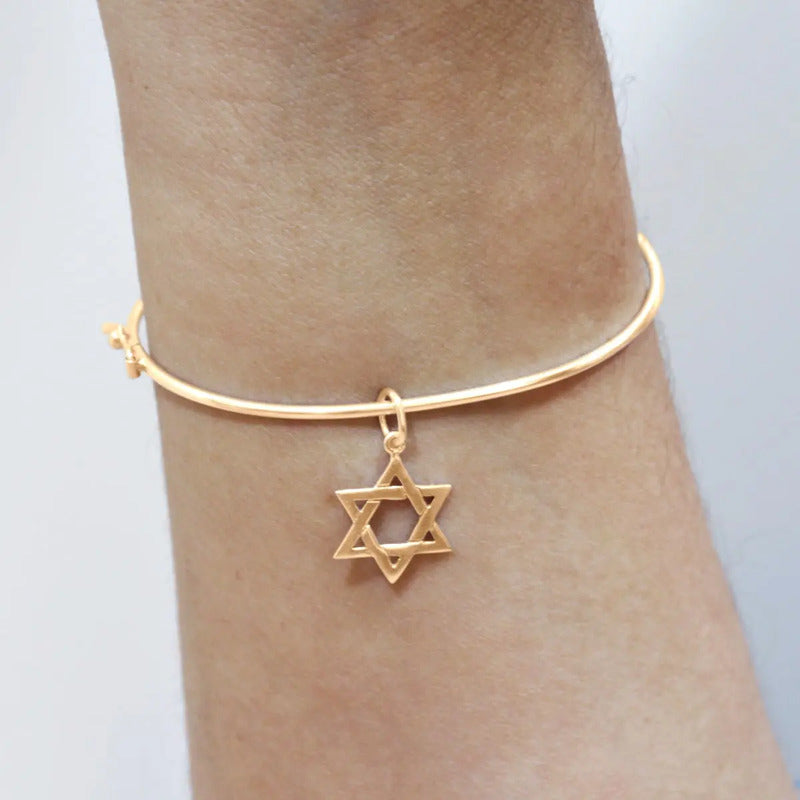 Bracelete Rígido Prata 925 Dourado 18k - Estrela De David Dourado 19 Cm