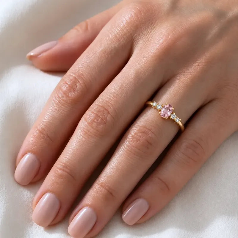 Anel London Prata 925 Dourada Ouro 18k - Safira Rosa 19