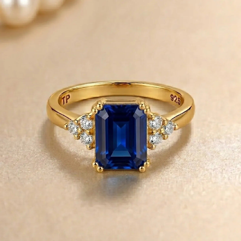 Anel Vintage Clássico Prata 925 Dourada 18k Safira