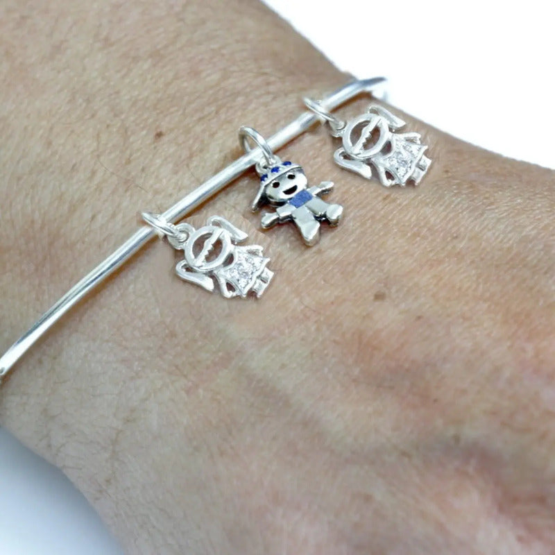 Pulseira Bracelete Prata 925 Rígido - 2 Meninas E 1 Menino 19 Cm