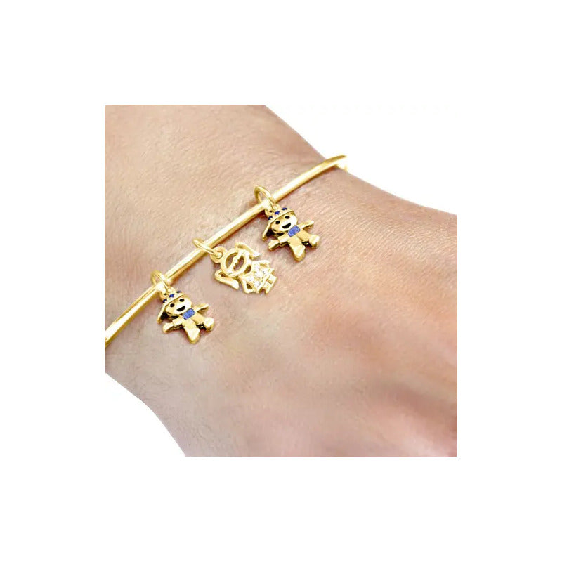 Bracelete Rígido Prata 925 Dourada 18k - 2 Meninos 1 Menina 19 Cm