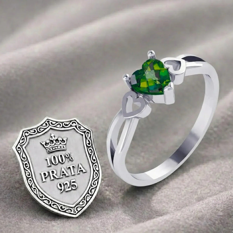 Anel  Prata 925 Eterno Coração Esmeralda - Exclusivo