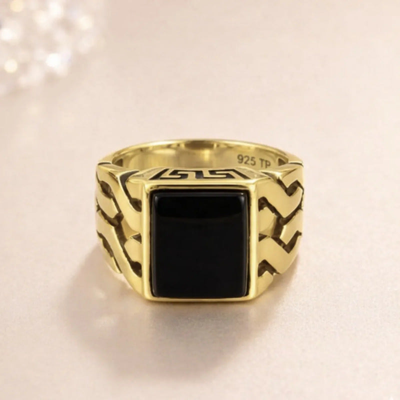 Anel Masculino Elos Prata 925 Dourada  Ouro 18k- Black Onix
