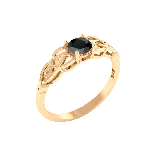Anel Solitário Celta Knot Prata 925 Dourada 18k - Black Onix