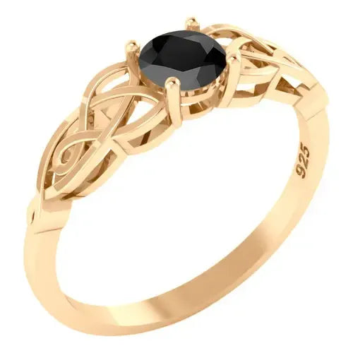 Anel Solitário Celta Knot Prata 925 Dourada 18k - Black Onix