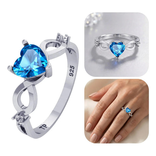 Anel Prata 925 Infinito Amor Coração - Topázio Azul