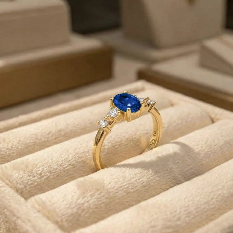 Anel London De Prata 925 Dourada Ouro 18k - Safira