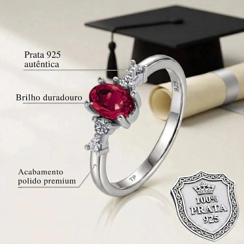 Anel Formatura Feminino Prata 925 + Caixinha Capelo Rubi 26