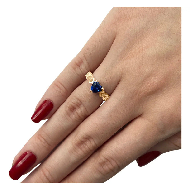 Anel Luxo Coração Prata 925 Dourada A Ouro 18k - Safira
