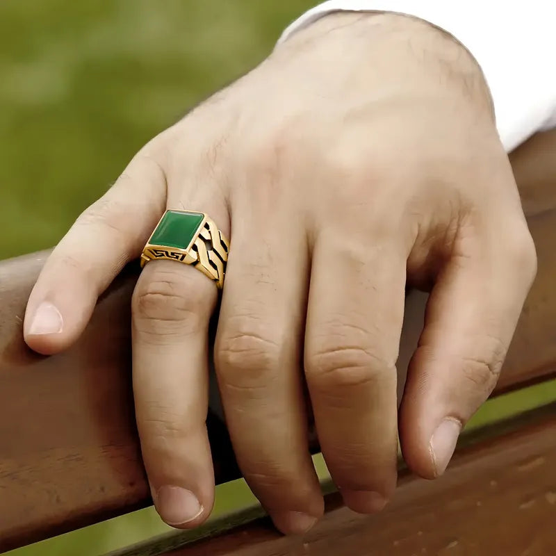 Anel Masculino De Prata 925 Banhado A Ouro 18k Com Ágata Verde Dourado 24