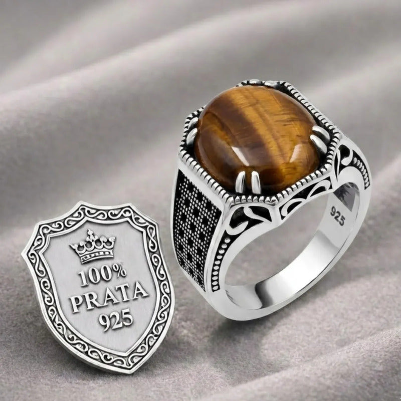 Anel Prata 925 Olho De Tigre Natural Cabochão Exclusivo
