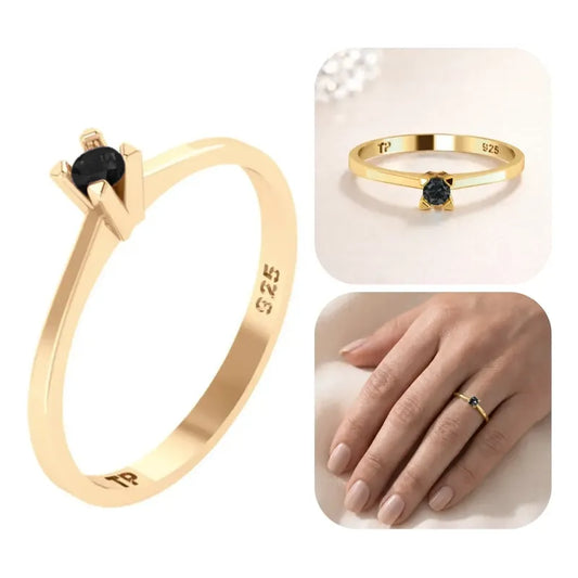 Anel Solitário Prata 925 Dourada 18k - Black Ônix