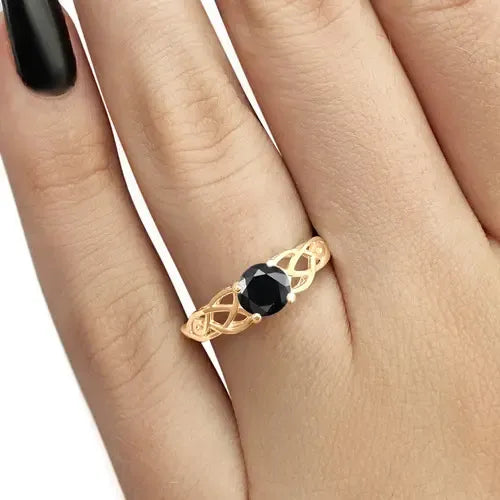 Anel Solitário Celta Knot Prata 925 Dourada 18k - Black Onix