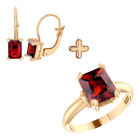 Kit de Anillo y Pendientes Vintage en Plata 925 y Oro 18k - Granate