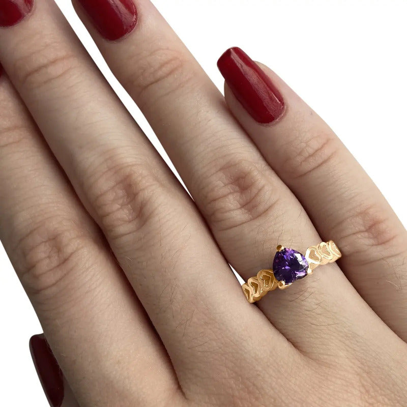 Anel Luxo Coração Prata 925 Dourada 18k - Ametista