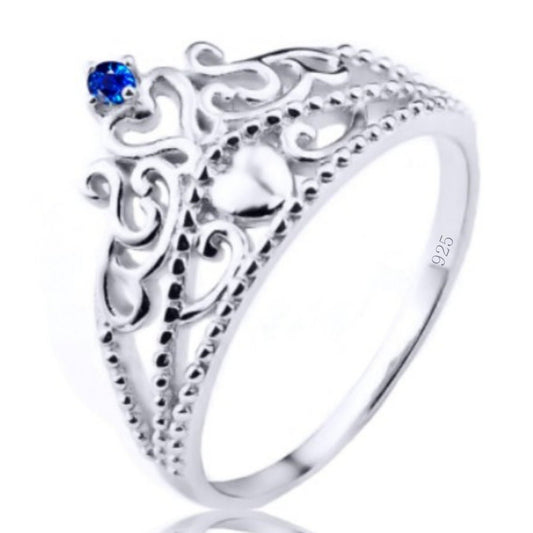 Anel Tiara Princesa Coração Prata 925 Safira - Exclusivo