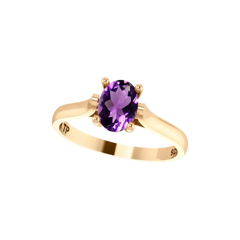 Anel Solitário Oval Em Prata 925 Dourada 18k - Ametista
