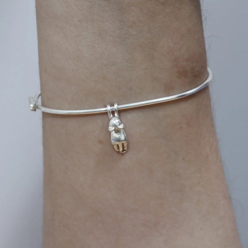 Pulseira Bracelete Rígido Prata 925 - Pingente Gatinho 19 Cm