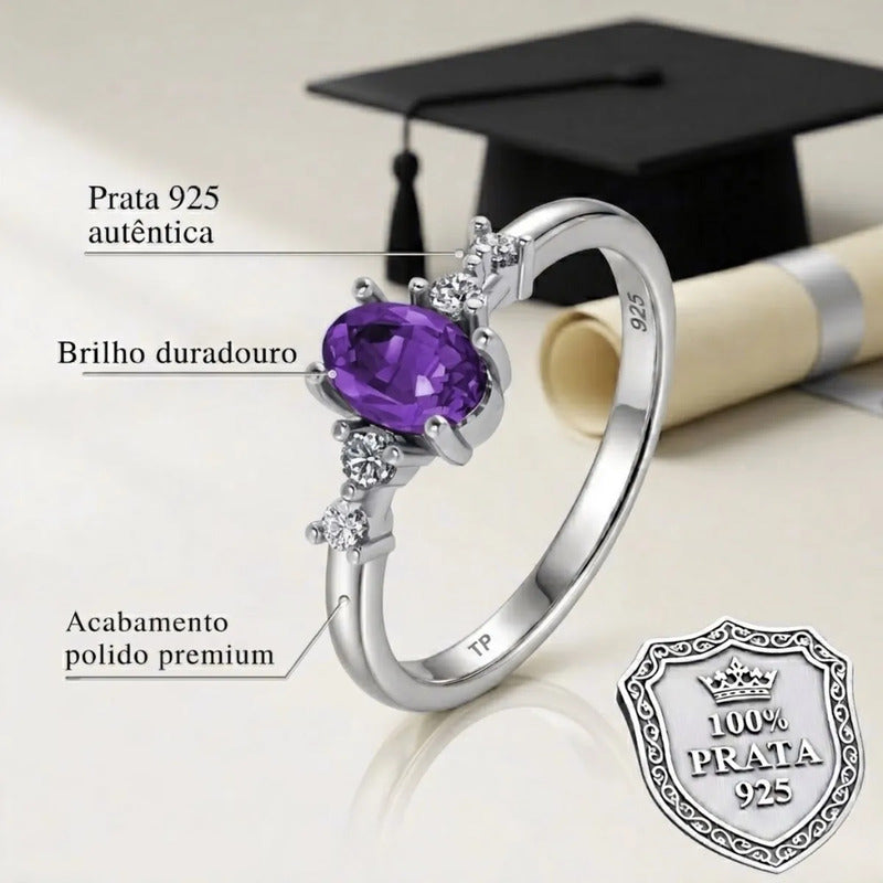 Anel Formatura Feminino Prata 925 + Caixinha Capelo Ametista 13